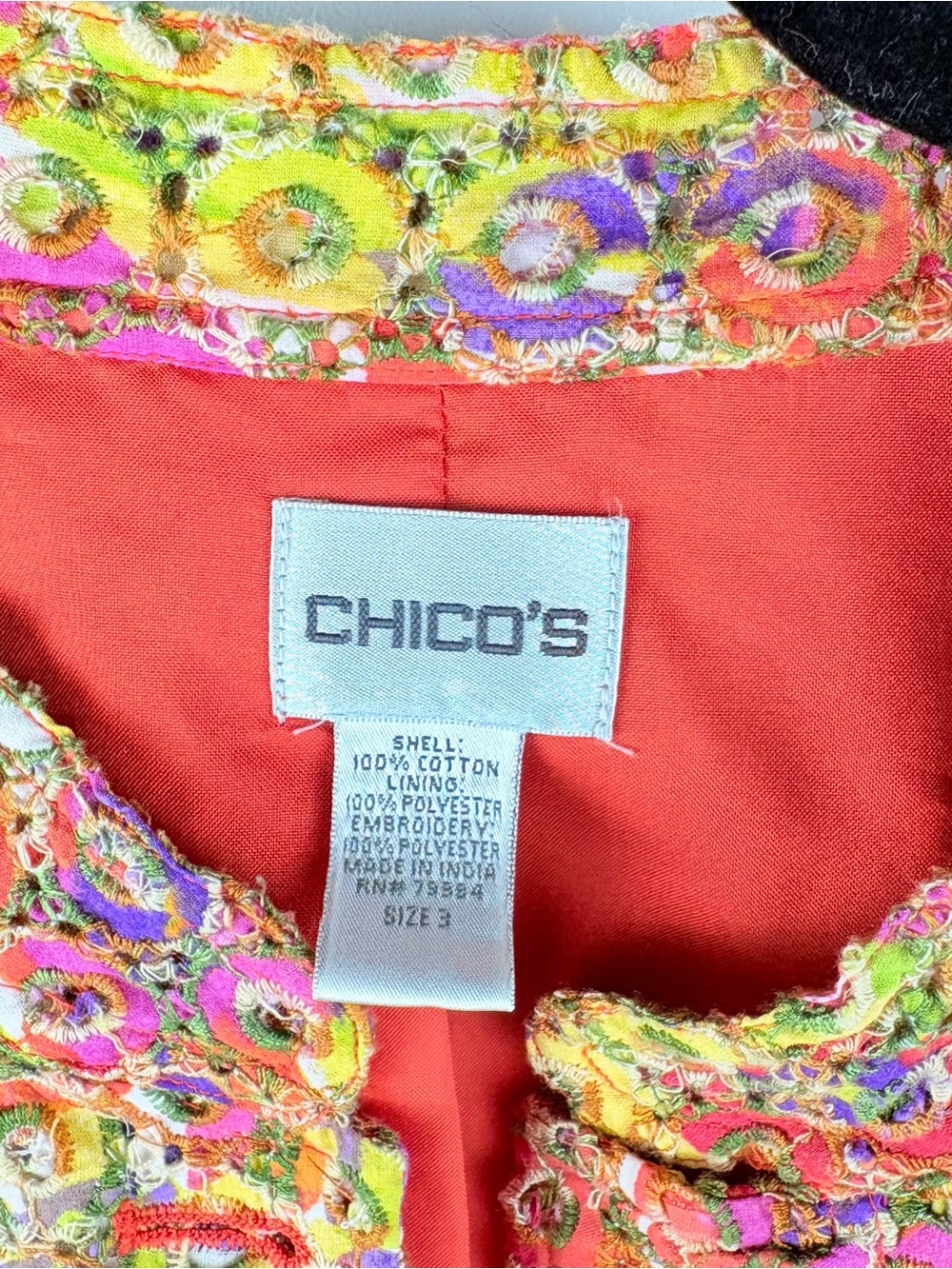 Chico’s Multicolor Eyelet Lace Shacket Jacket Lined Sz 3 XL Boho Hippie Cottage - Picture 5 of 9